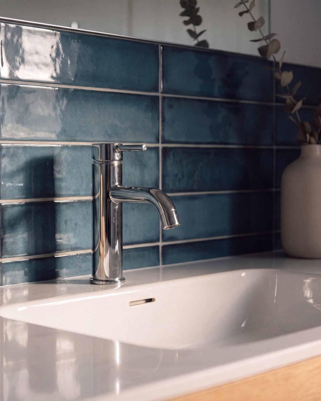 Chrome mixer tap against deep blue gloss tile, Patterson Street master ensuite Sandringham