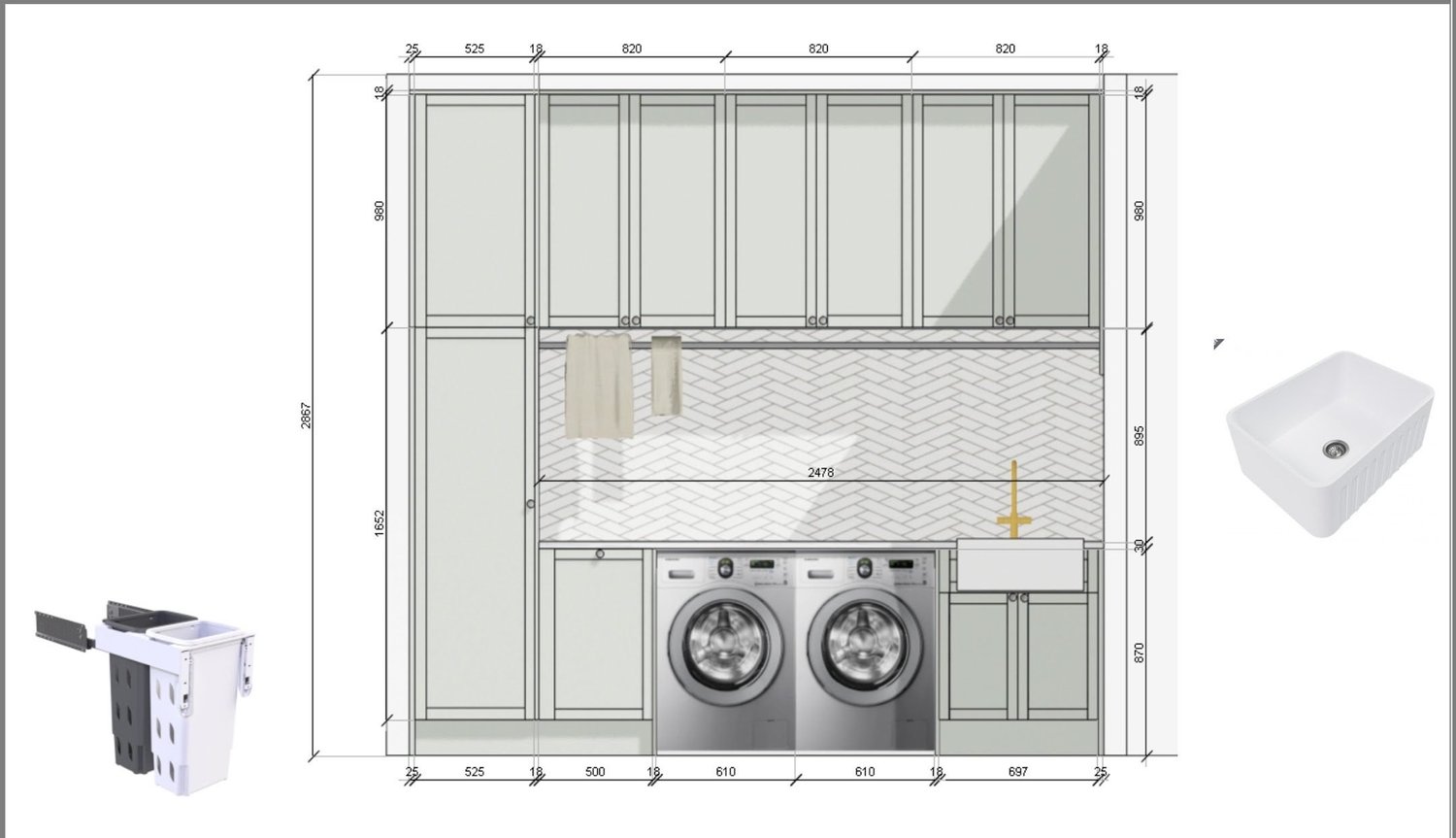 Custom laundry joinery elevation drawing with dimensions for the Bayswater renovation