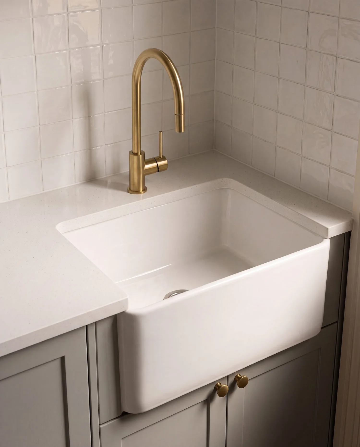 White fireclay butler sink with ABI Interiors brushed brass gooseneck tap
