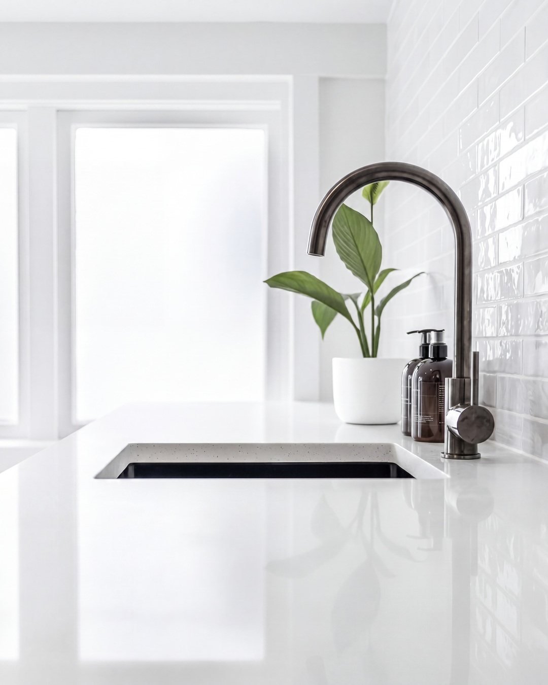 Gunmetal laundry tap and stone benchtop in window light, Seymour Street St Marys Bay