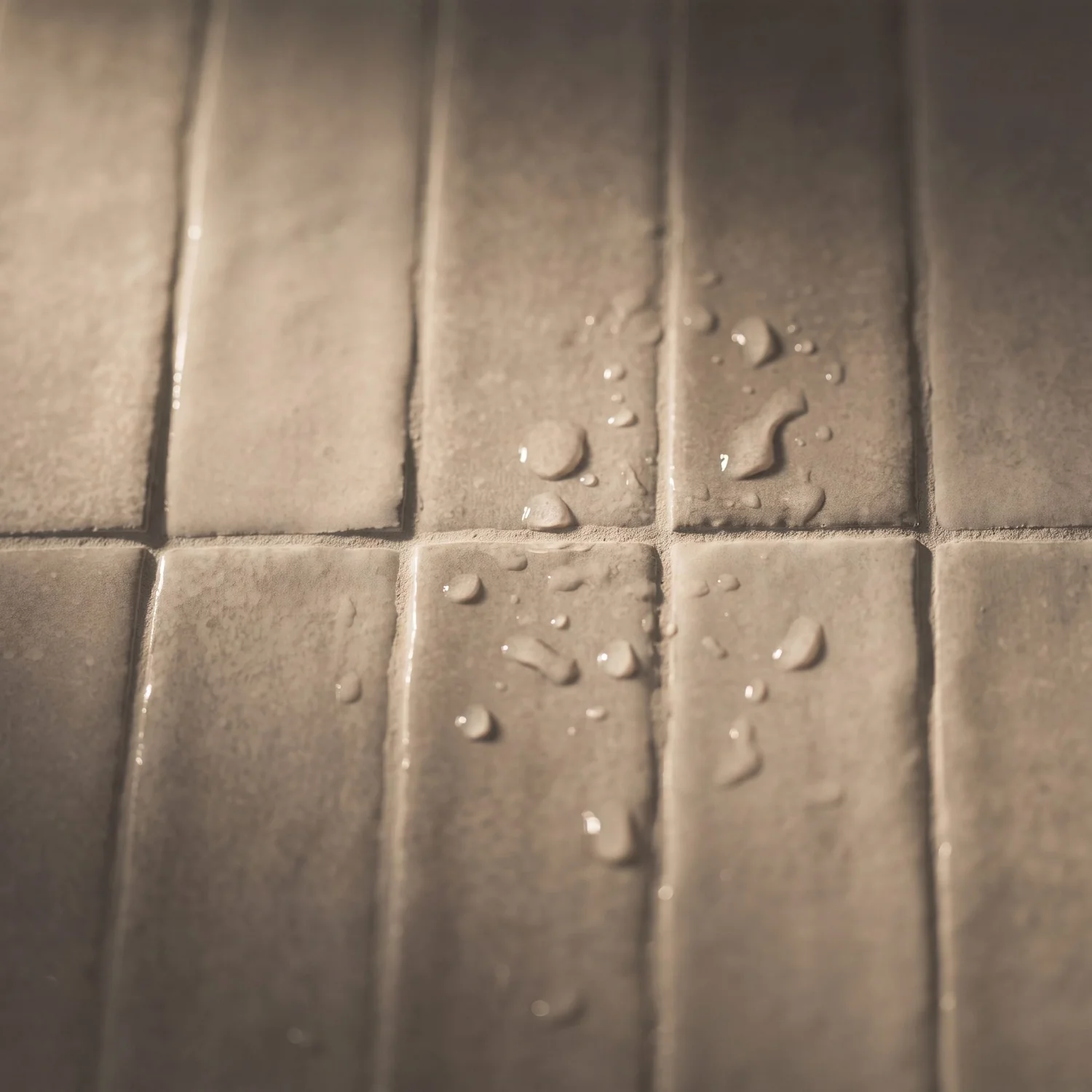 Water droplets beading on the glazed vertical stack-bond tile in the Parnell bathroom