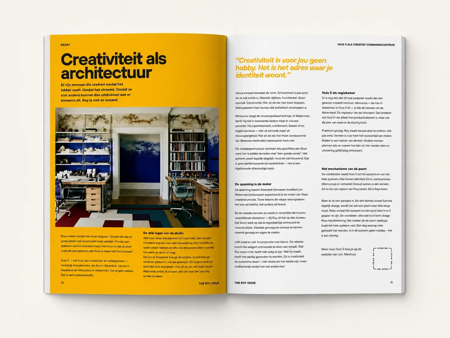 Spread uit THE ROY ISSUE: een geel opgemaakte essaypagina met de kop Creativiteit als architectuur en een foto van een werkkamer, naast een pagina met drie kolommen tekst.