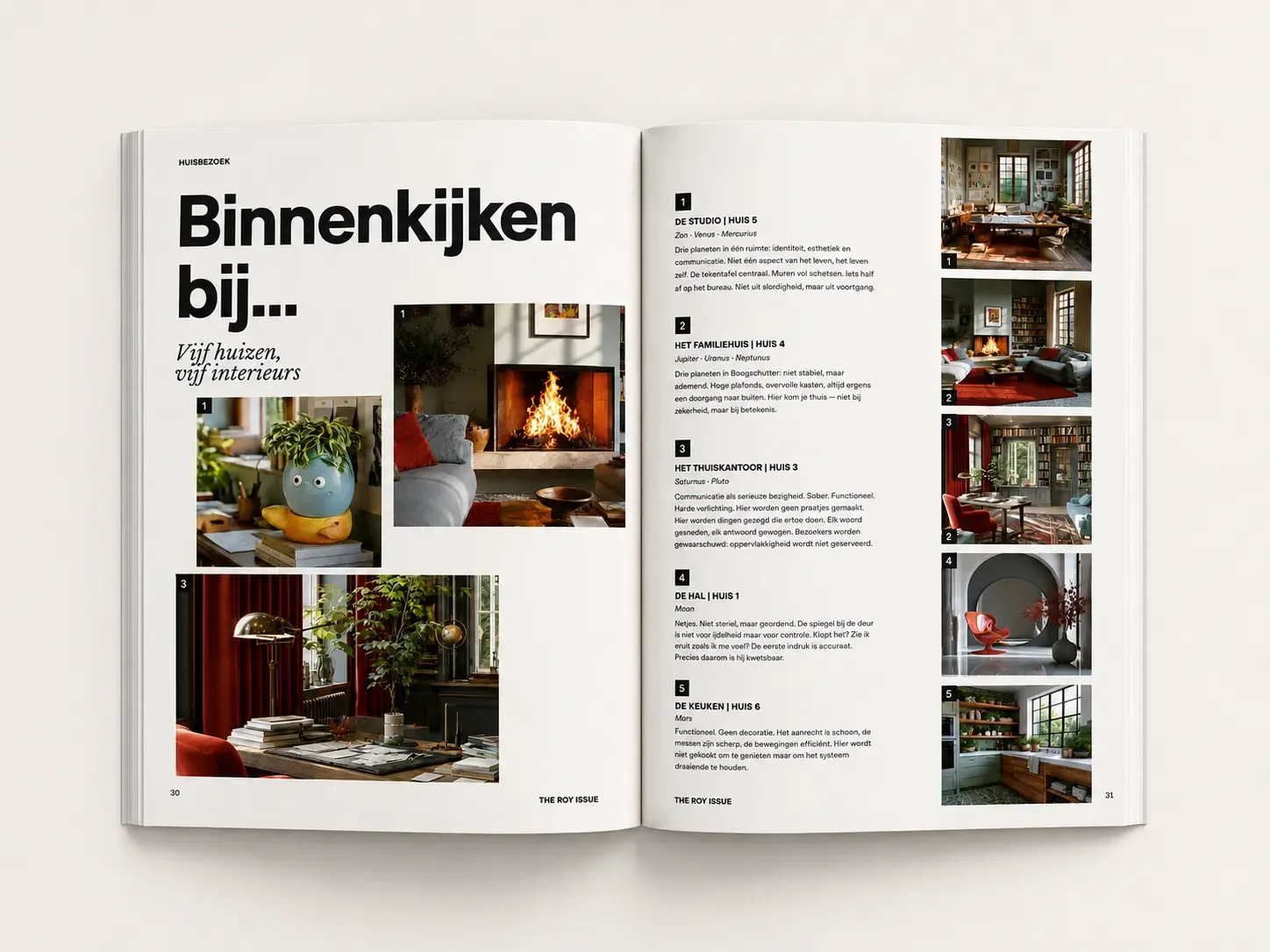 Spread uit THE ROY ISSUE: de rubriek Binnenkijken bij, met interieurfoto's en vijf genummerde kamerbeschrijvingen.