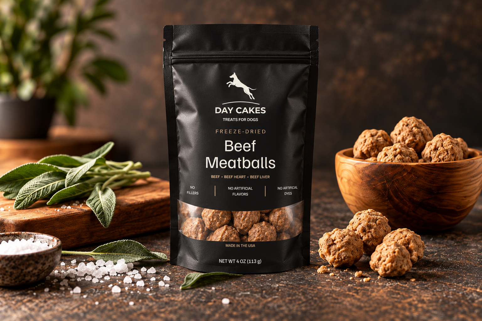 Day Cakes Beef Meatballs pouch with sage, salt, and treats