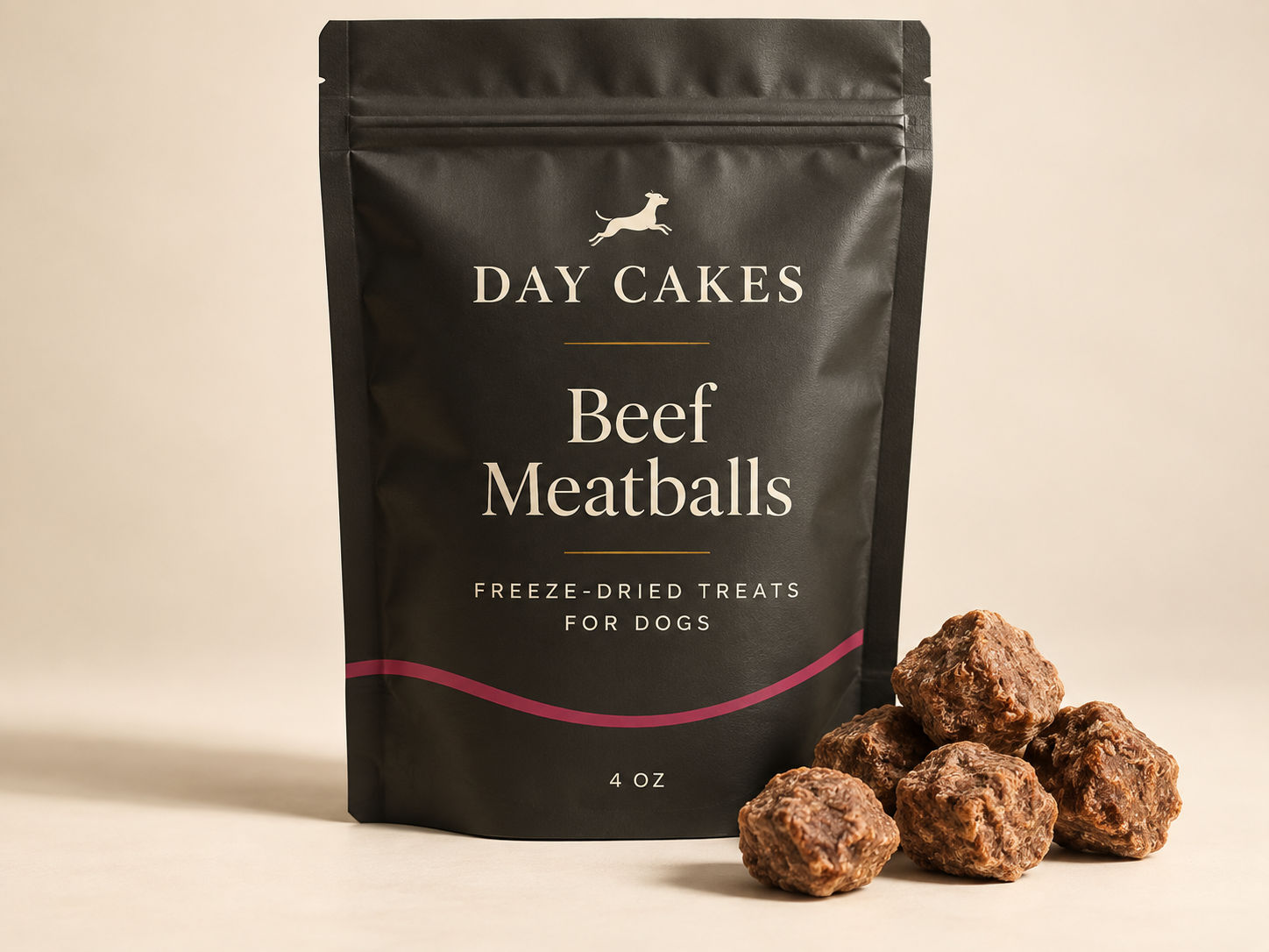 Day Cakes charcoal beef meatballs pouch with freeze-dried treats on a cream surface