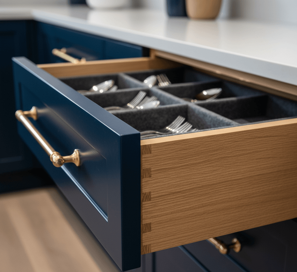 Detail shot of a high-end custom kitchen drawer with solid oak dovetail joints and brass hardware showing superior craftsmanship
