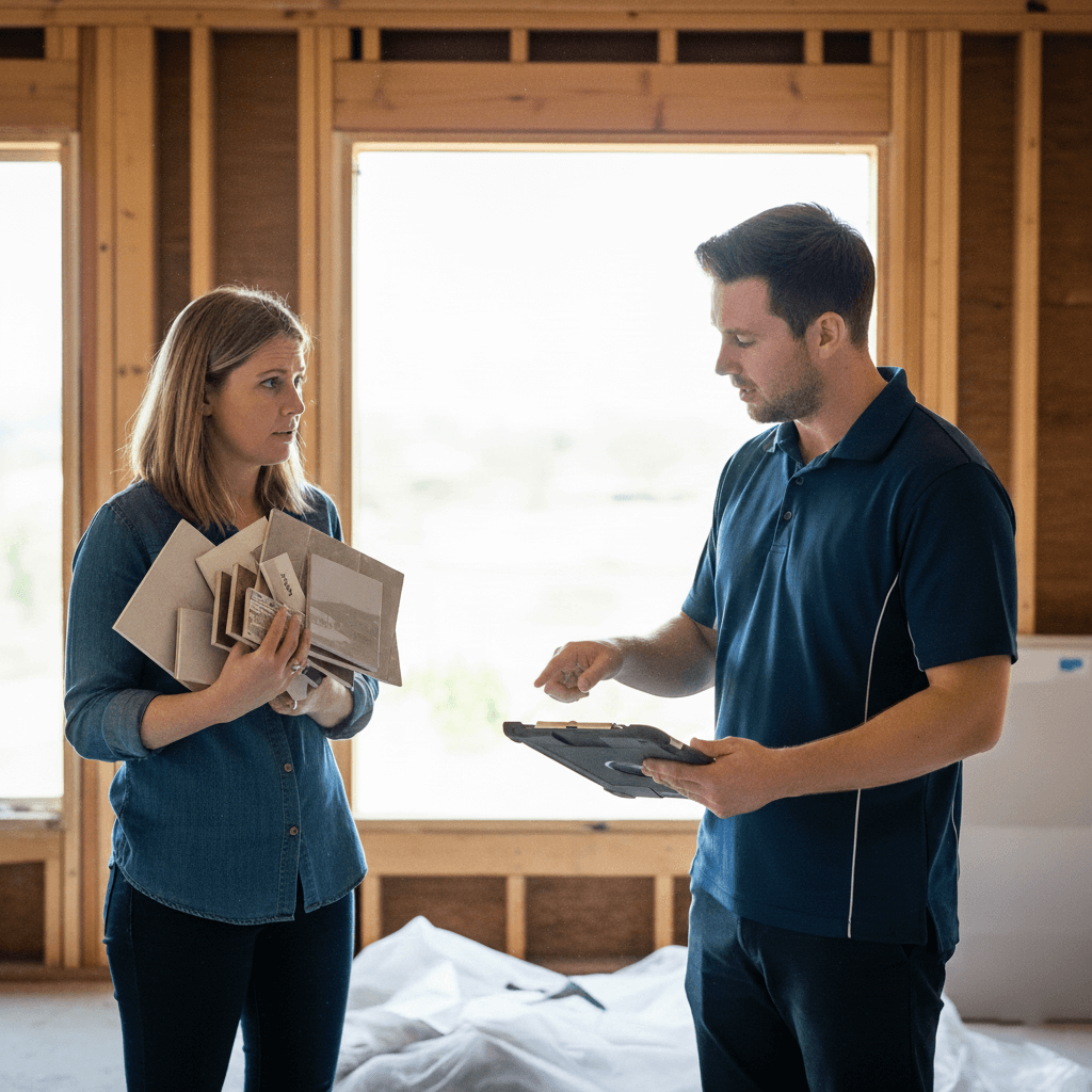 Stressed homeowner with confusing samples vs professional builder with clear architectural plans