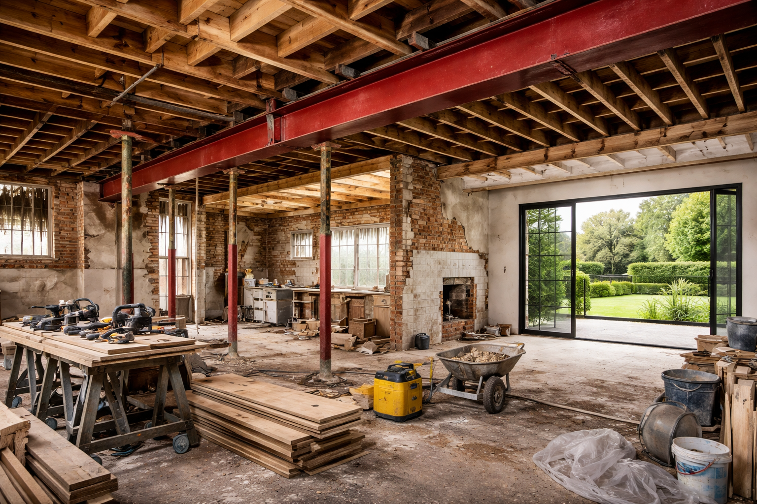 Steel I-beam installation for open-plan layout