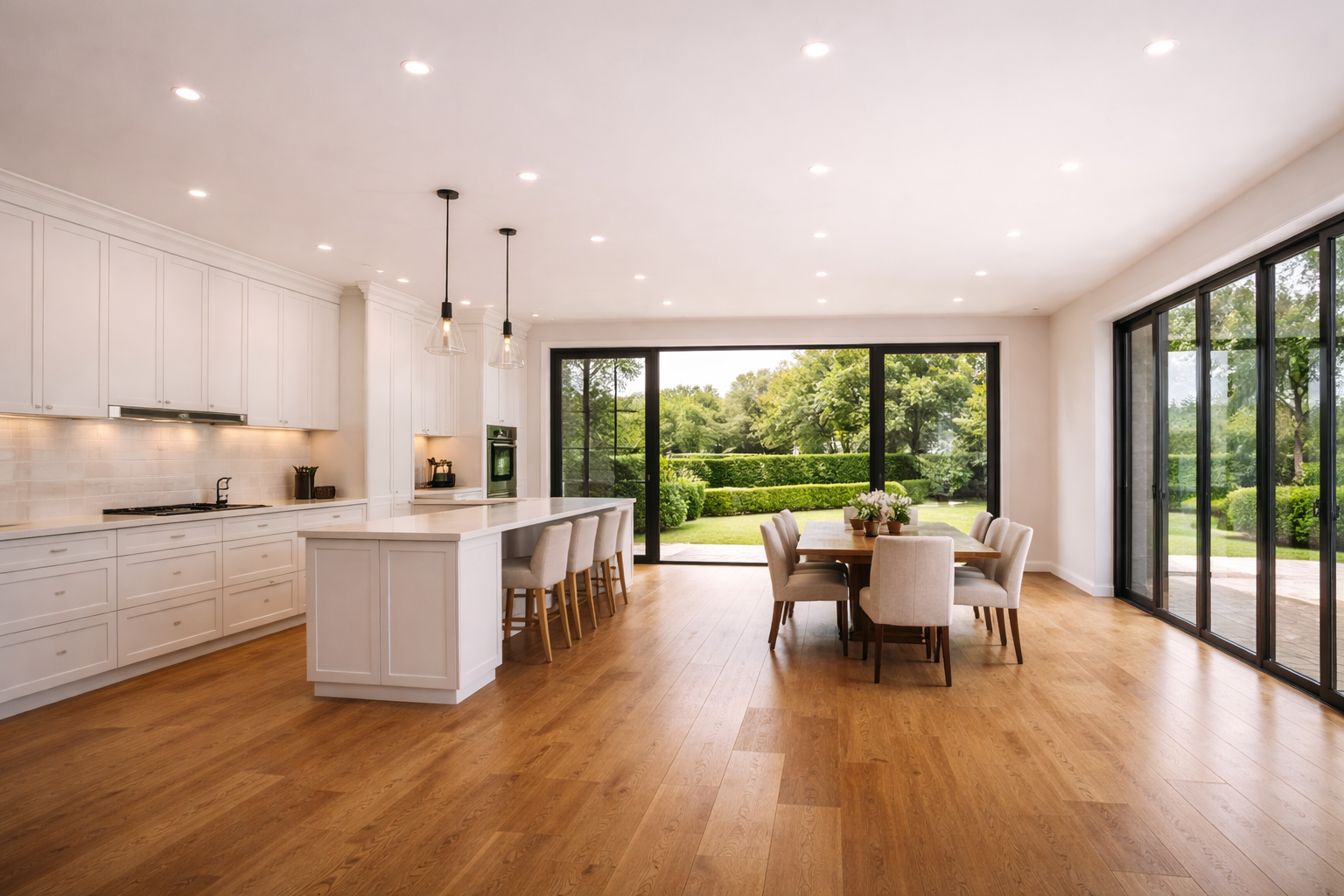 Completed modern, bright open-plan kitchen and living area