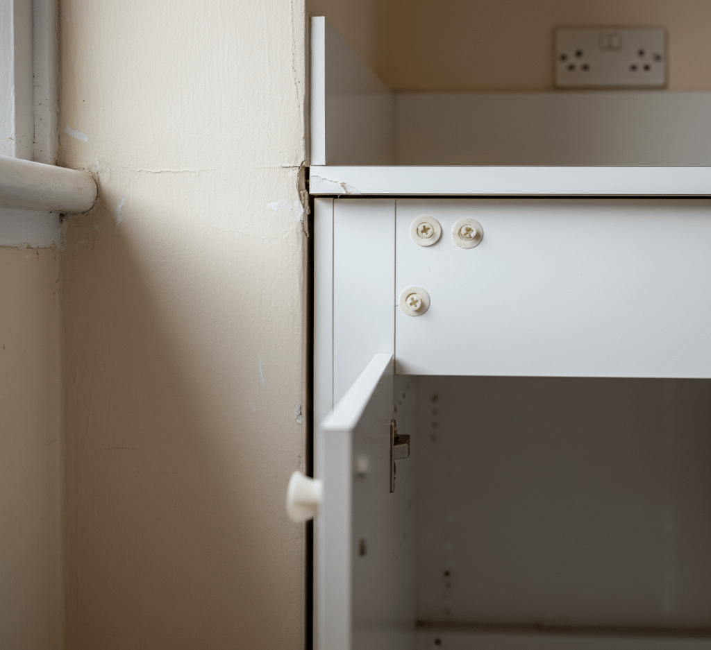 Close up of a budget flat pack kitchen cabinet showing gaps against an uneven wall and visible plastic screw covers in a renovation