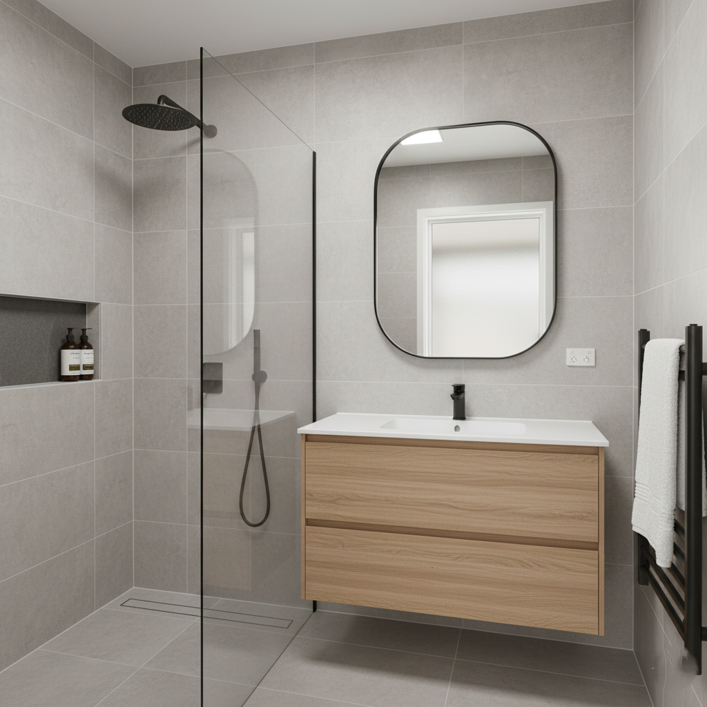 Modern Minimalist Bathroom with large grey tiles