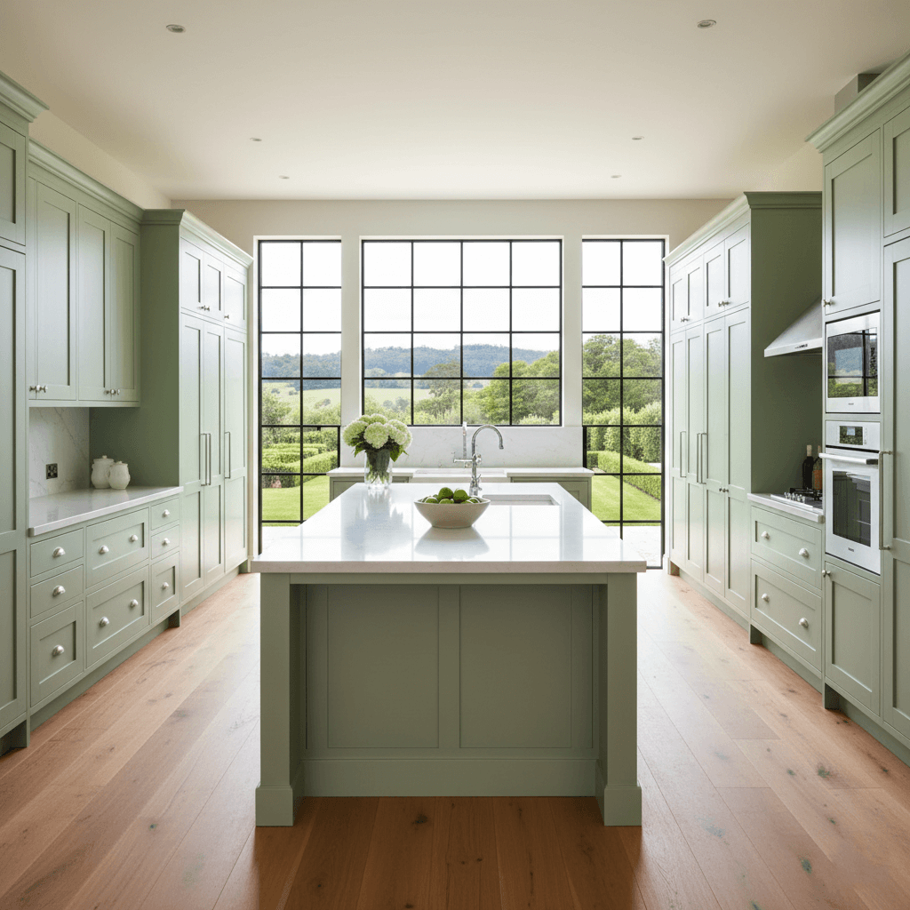 Wide angle view of a completed luxury custom kitchen in a Southern Highlands home featuring a stone island and garden views