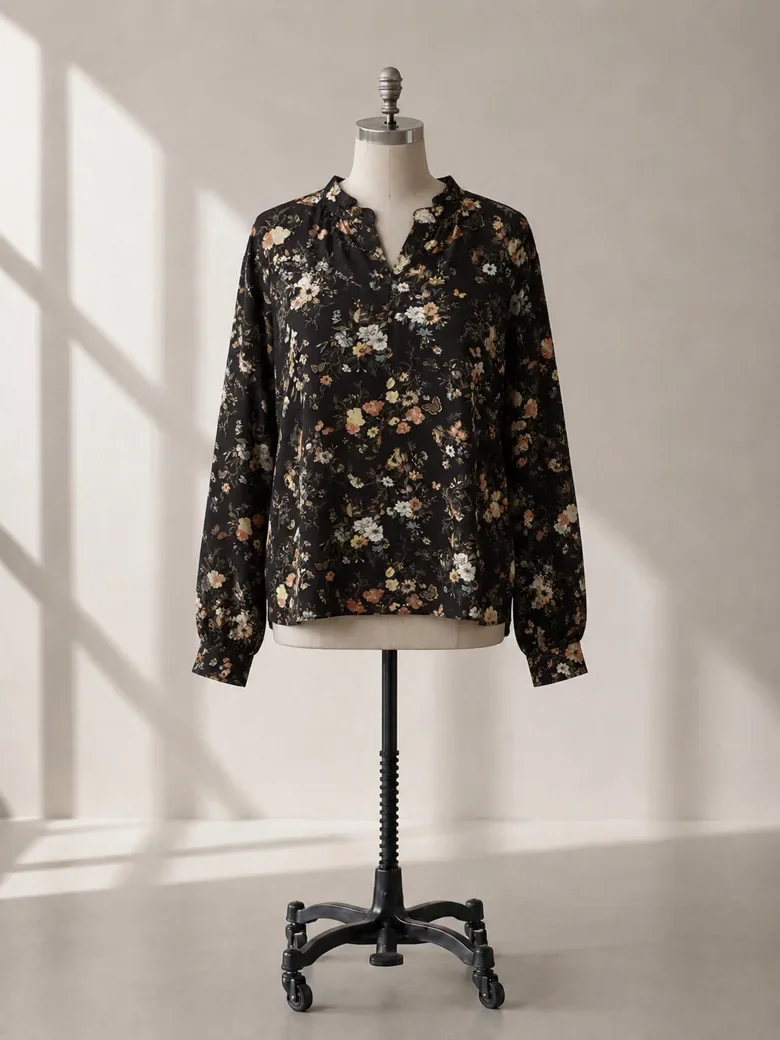 Dark floral long-sleeve blouse on a dress form