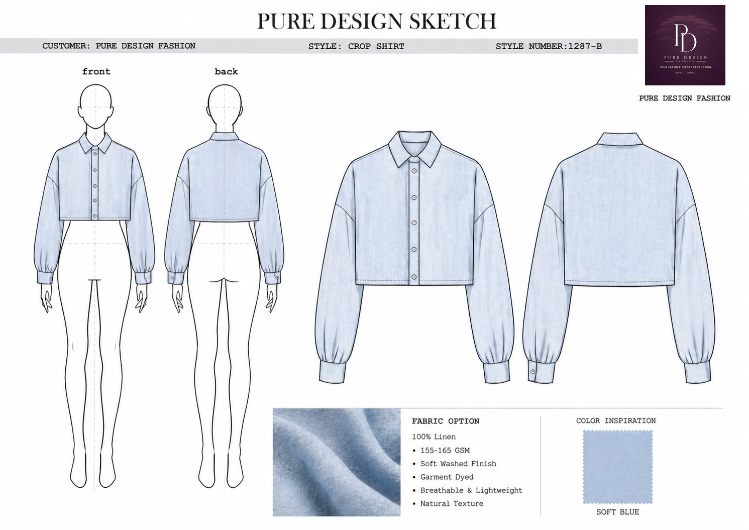 Crop shirt development sheet showing front and back technical views, silhouette, linen fabric and soft blue colour direction