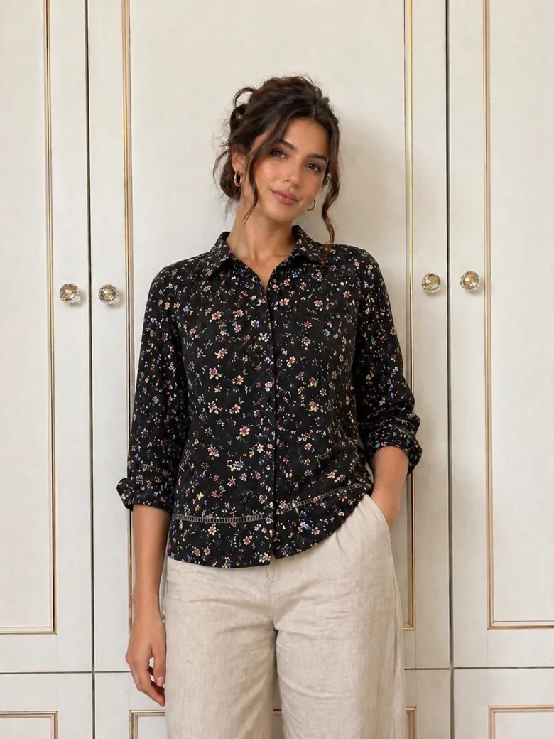 Dark small-floral blouse styled with light trousers