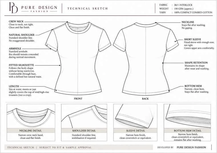 T-shirt front and back technical development sheet