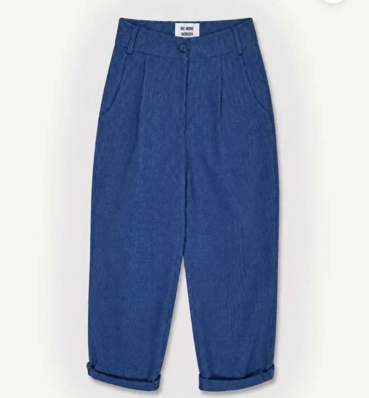 Blue microcheck trouser sample with turn-up hems