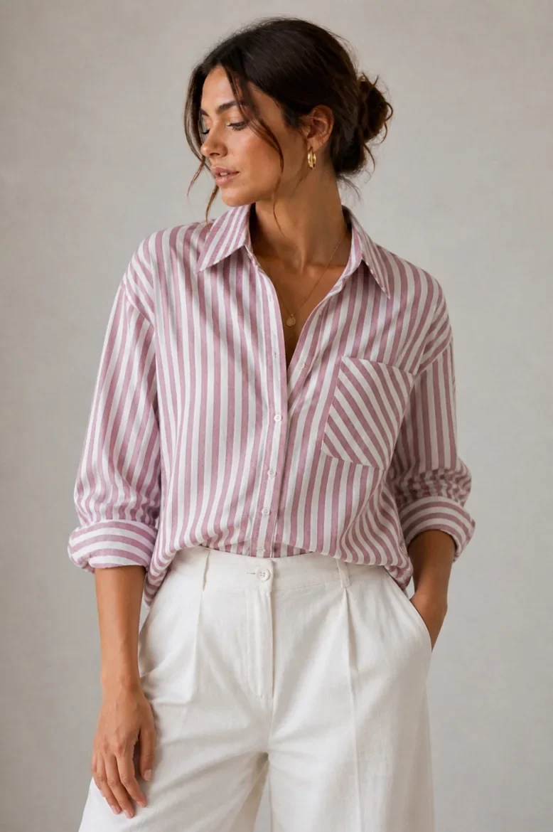 Pink and ivory striped shirt with a diagonal chest pocket