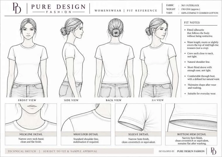Womenswear T-shirt fit references and finishing details