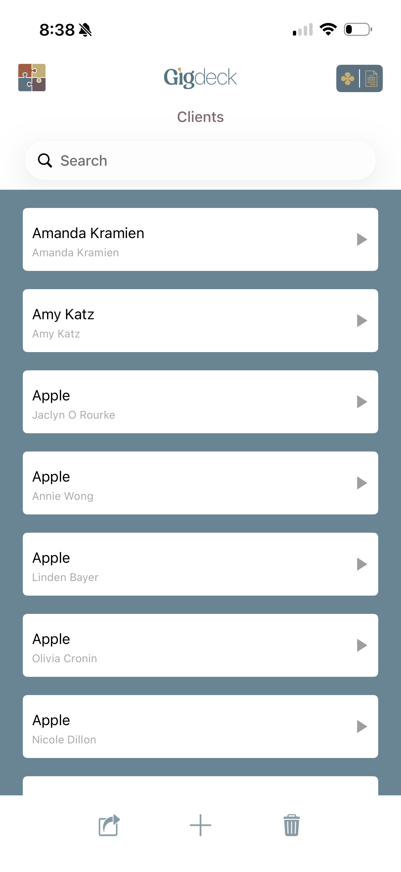 GigDeck Clients list screen