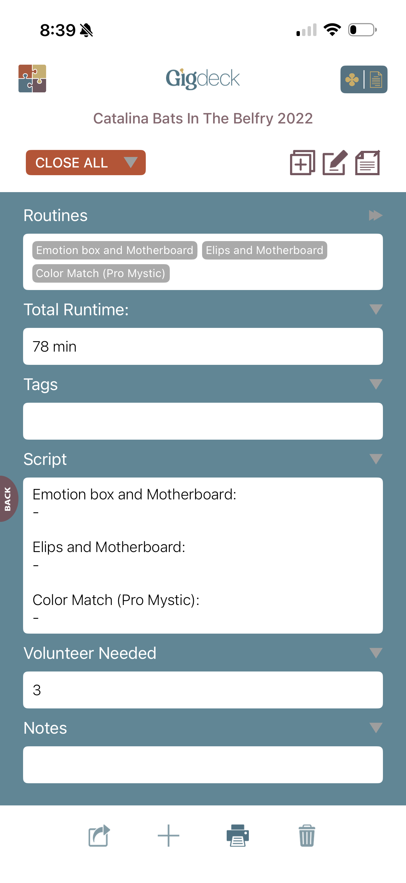 GigDeck Set List detail screen