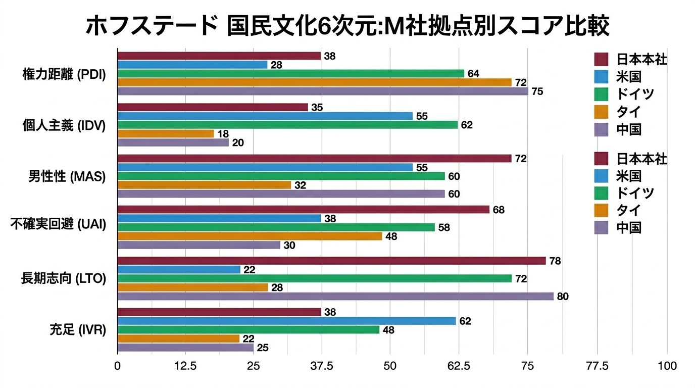 ホフステード国家文化6次元：M社拠点別スコア比較
