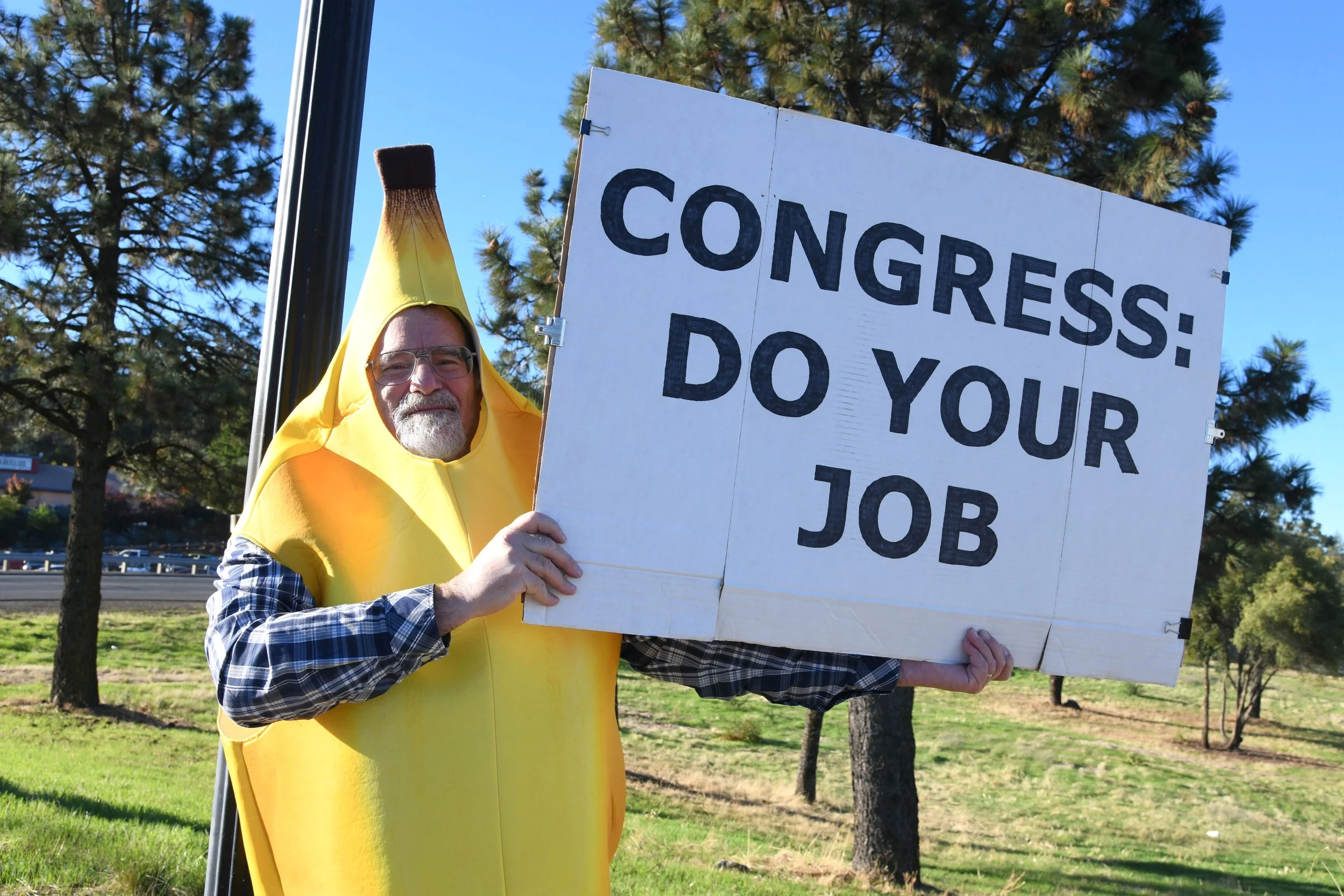 no kings 2 protestor wearing a banana costume with a sign 'congress do your job'