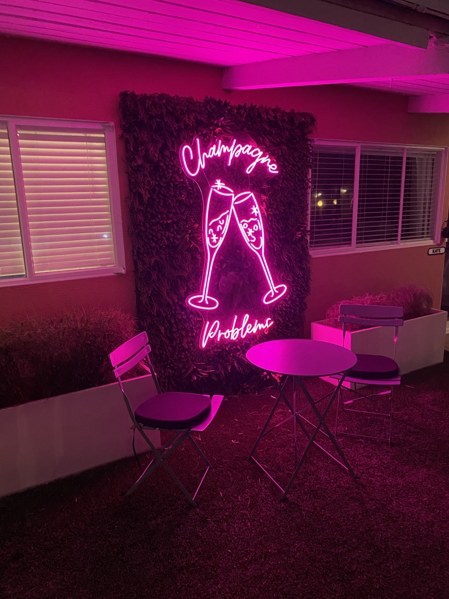 A hot pink Champagne Problems neon sign