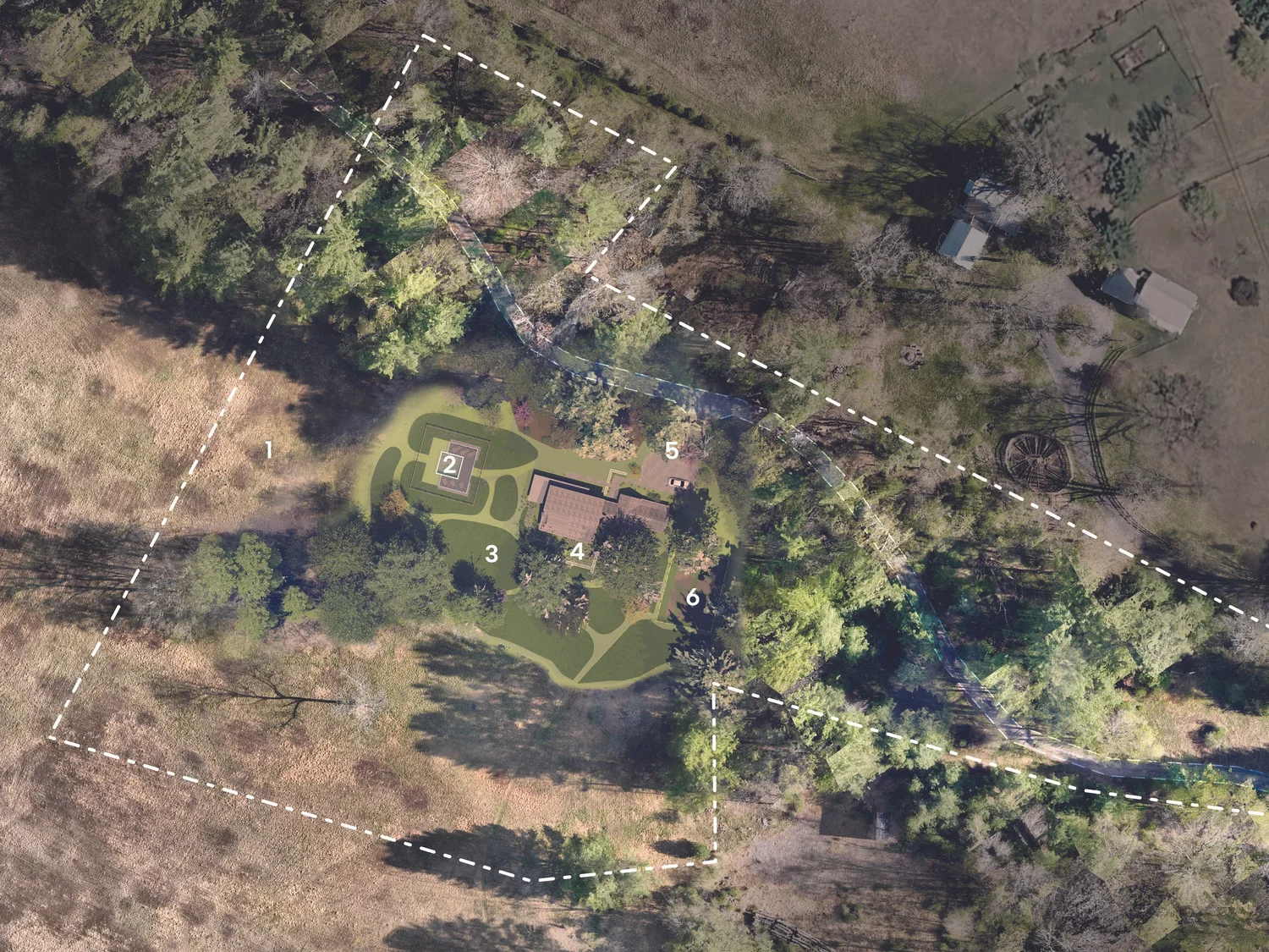 Schematic landscape plan over an aerial photograph, design extents shown dashed