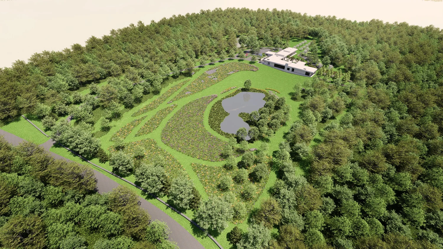 Aerial view of the house within the restored landscape