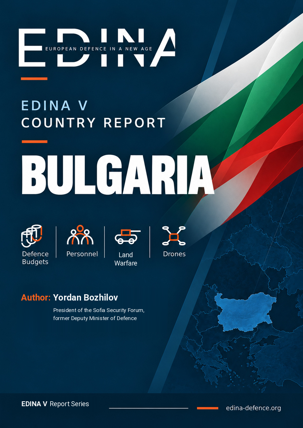 EDINA V Bulgaria country report cover with stylised Bulgarian colours, a highlighted map of Bulgaria and Yordan Bozhilov’s name