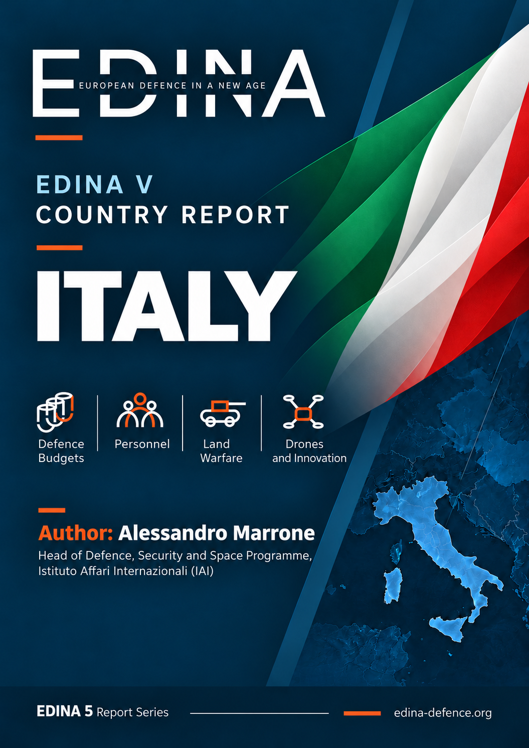 EDINA V Italy country report cover with a large Italian flag, a highlighted map of Italy and Alessandro Marrone’s name