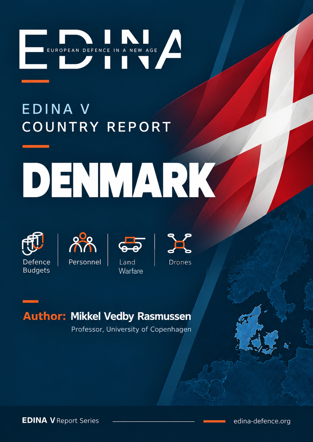 EDINA V Denmark country report cover with a stylised Danish flag, a highlighted map of Denmark and Mikkel Vedby Rasmussen’s name
