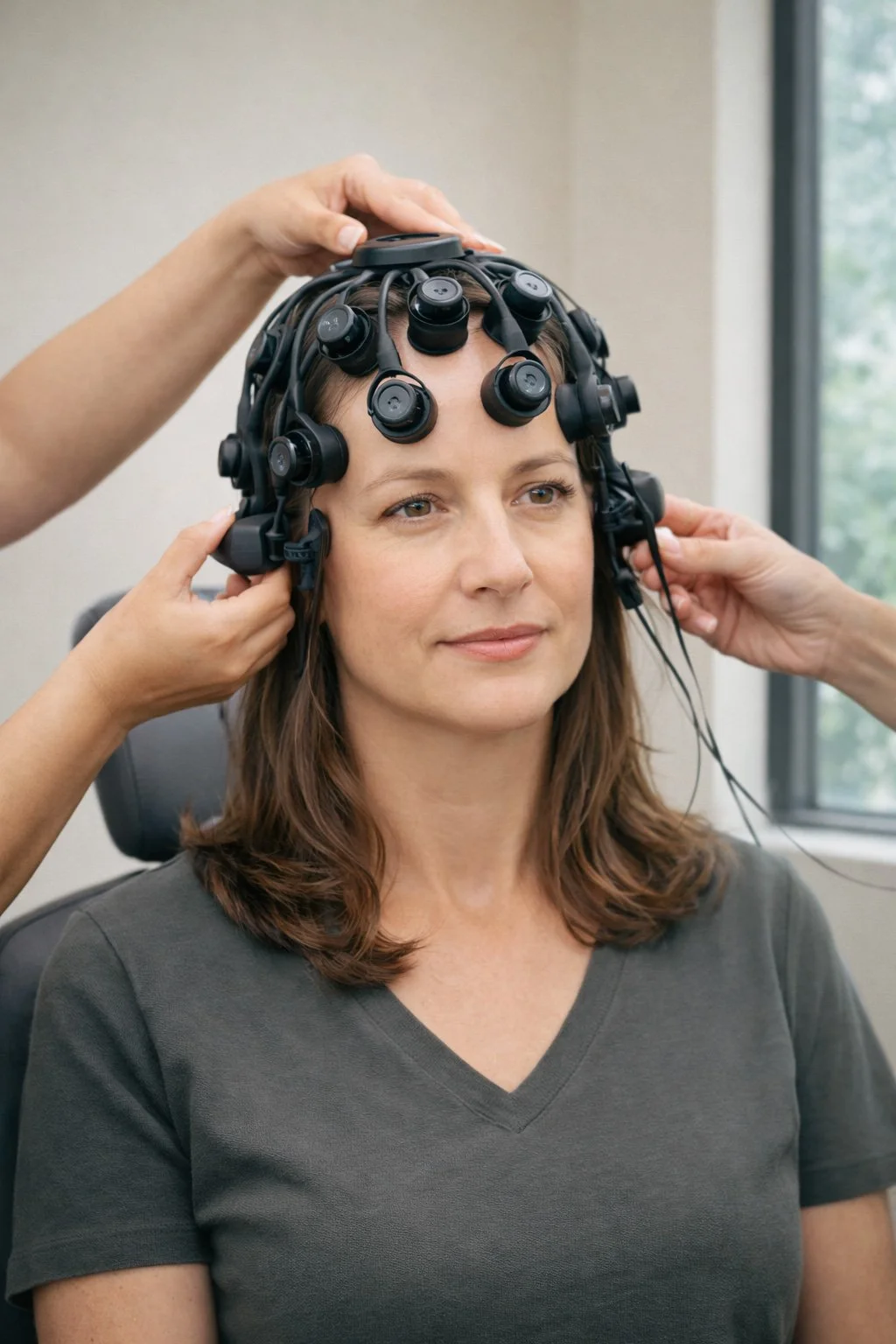 Patient having EEG cap fitted for brain mapping for treatment resistant depression