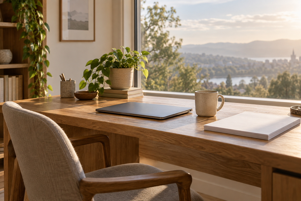 A calm sunlit desk with a closed laptop and notebook