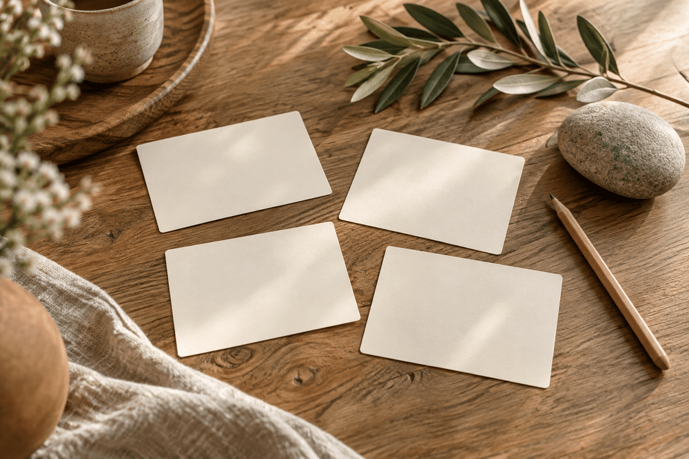 Four blank reflection cards beside a pencil and smooth stone