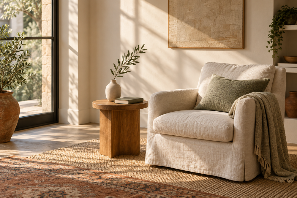 Sunlit linen chair beside a book and olive branch
