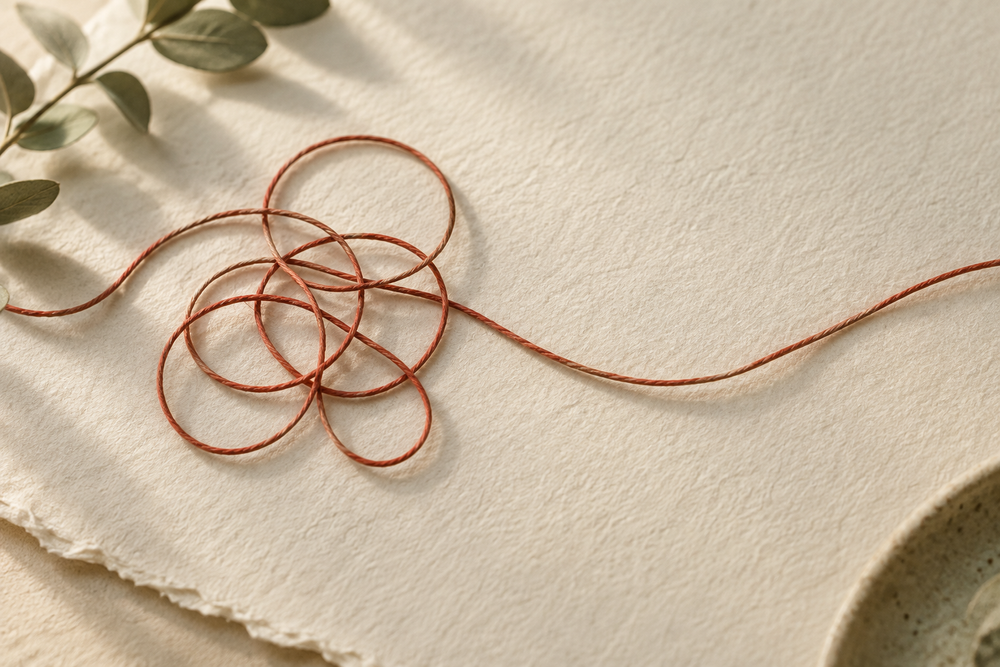 Terracotta thread in loose loops on textured ivory paper