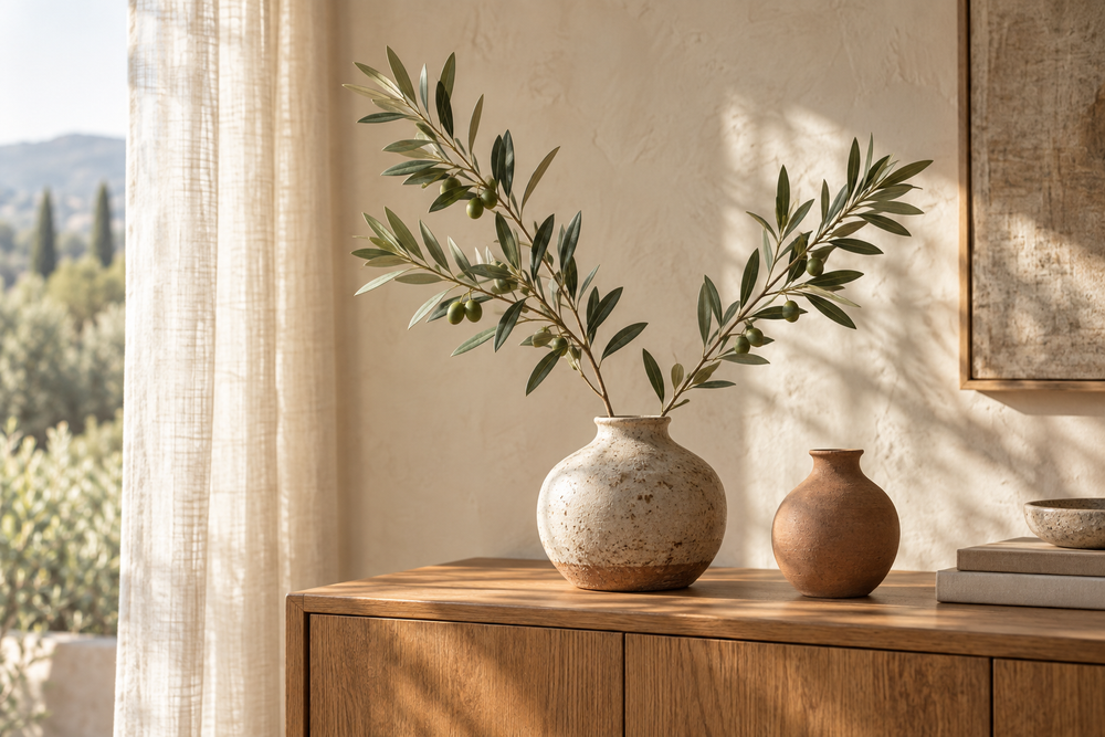 Olive branches in a ceramic vase beside a second vase