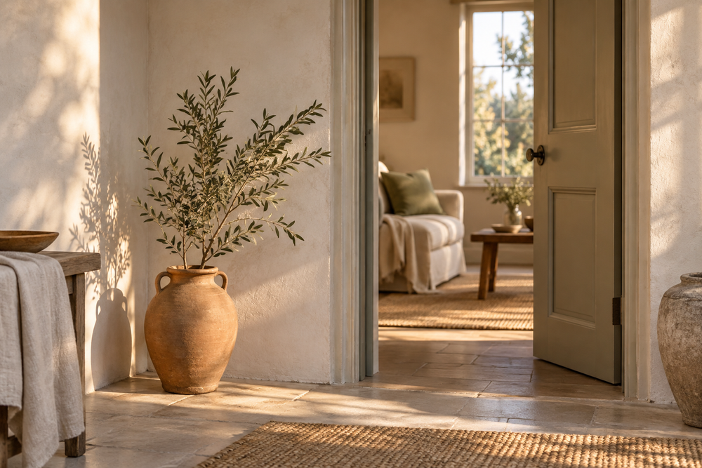 An open doorway and olive branch in a warm, softly lit interior