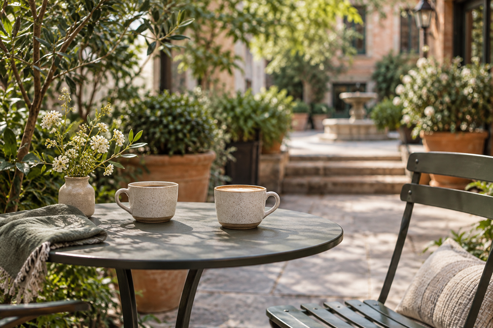 Two ceramic coffee cups at a leafy courtyard table