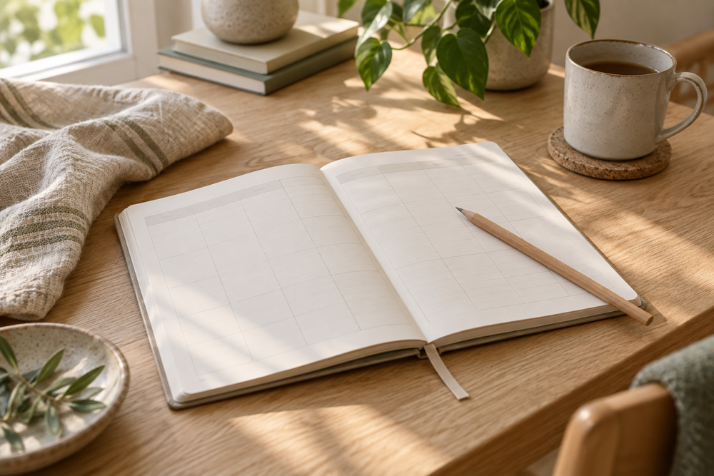 An open blank weekly planner and pencil on a wooden table