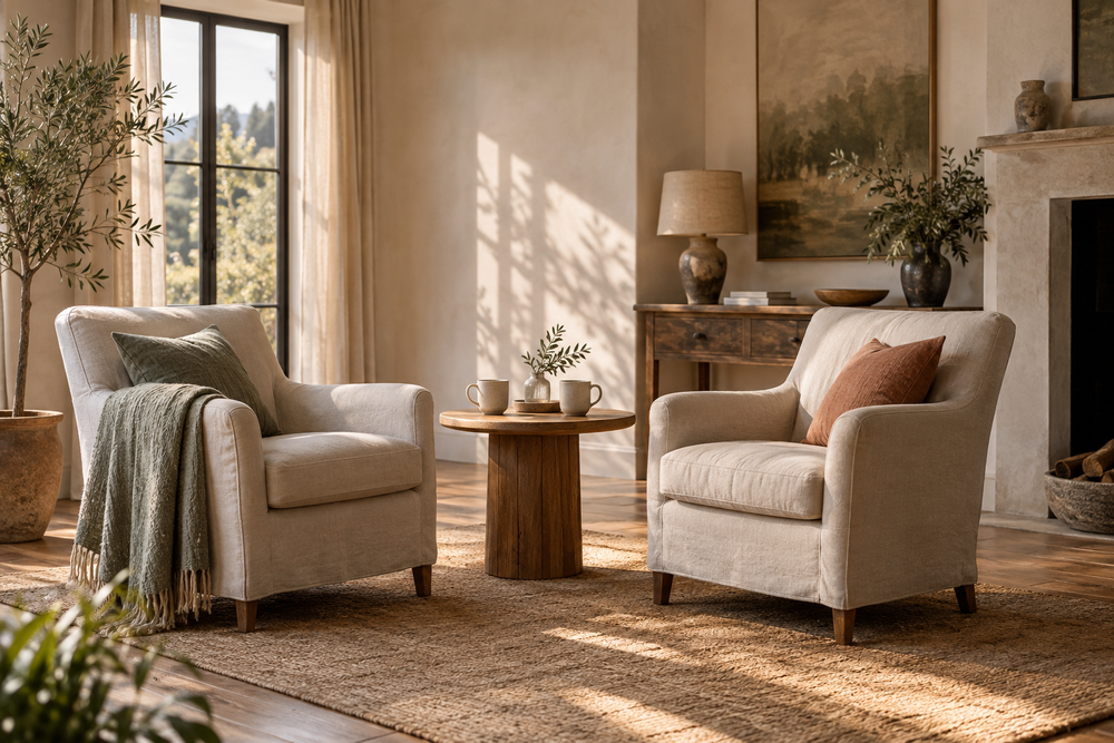 Two linen chairs angled toward each other beside a small table