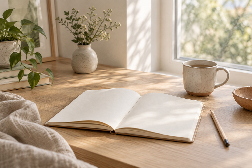 Open journal and ceramic cup in soft window light