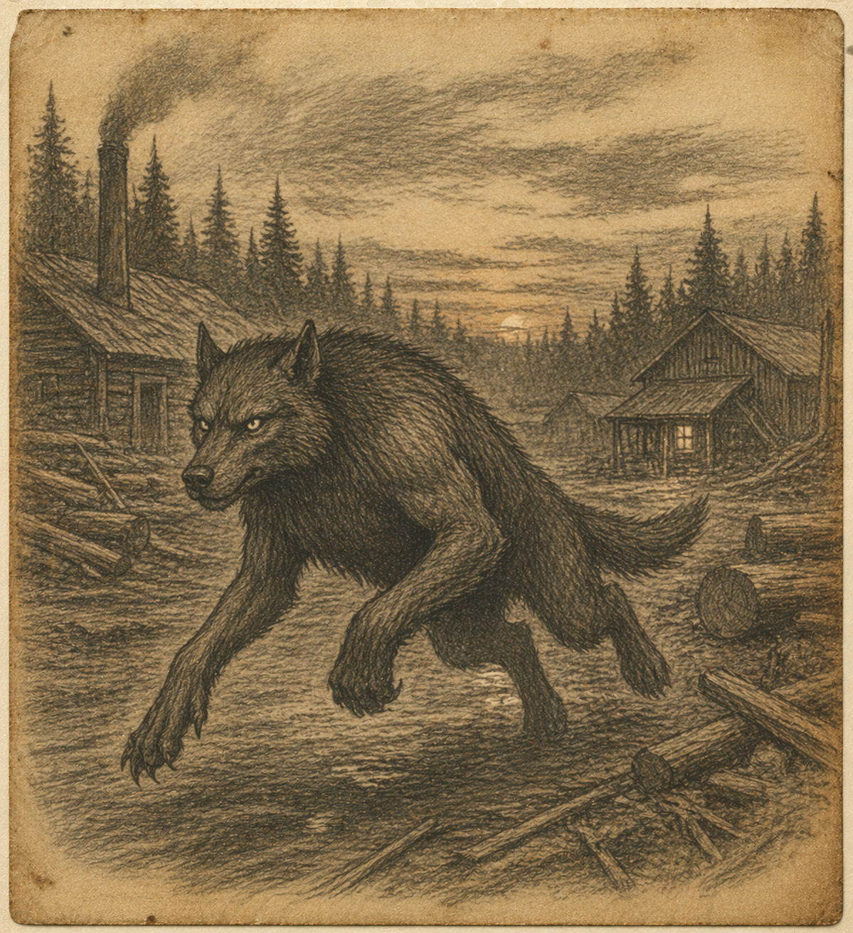 Logger's sketch of the Michigan Dogman crossing a logging camp