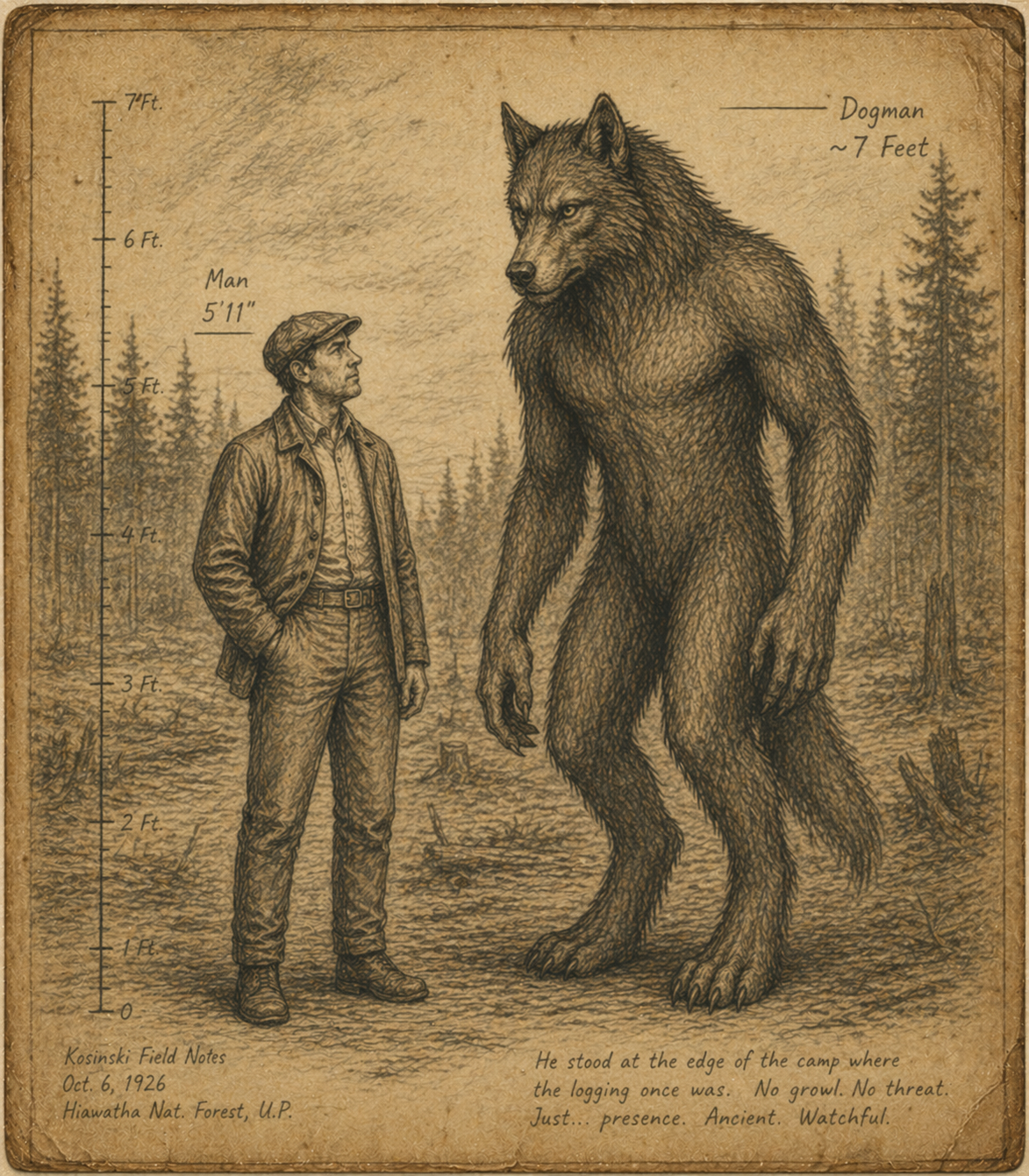 Height comparison sketch showing the Michigan Dogman beside a logger