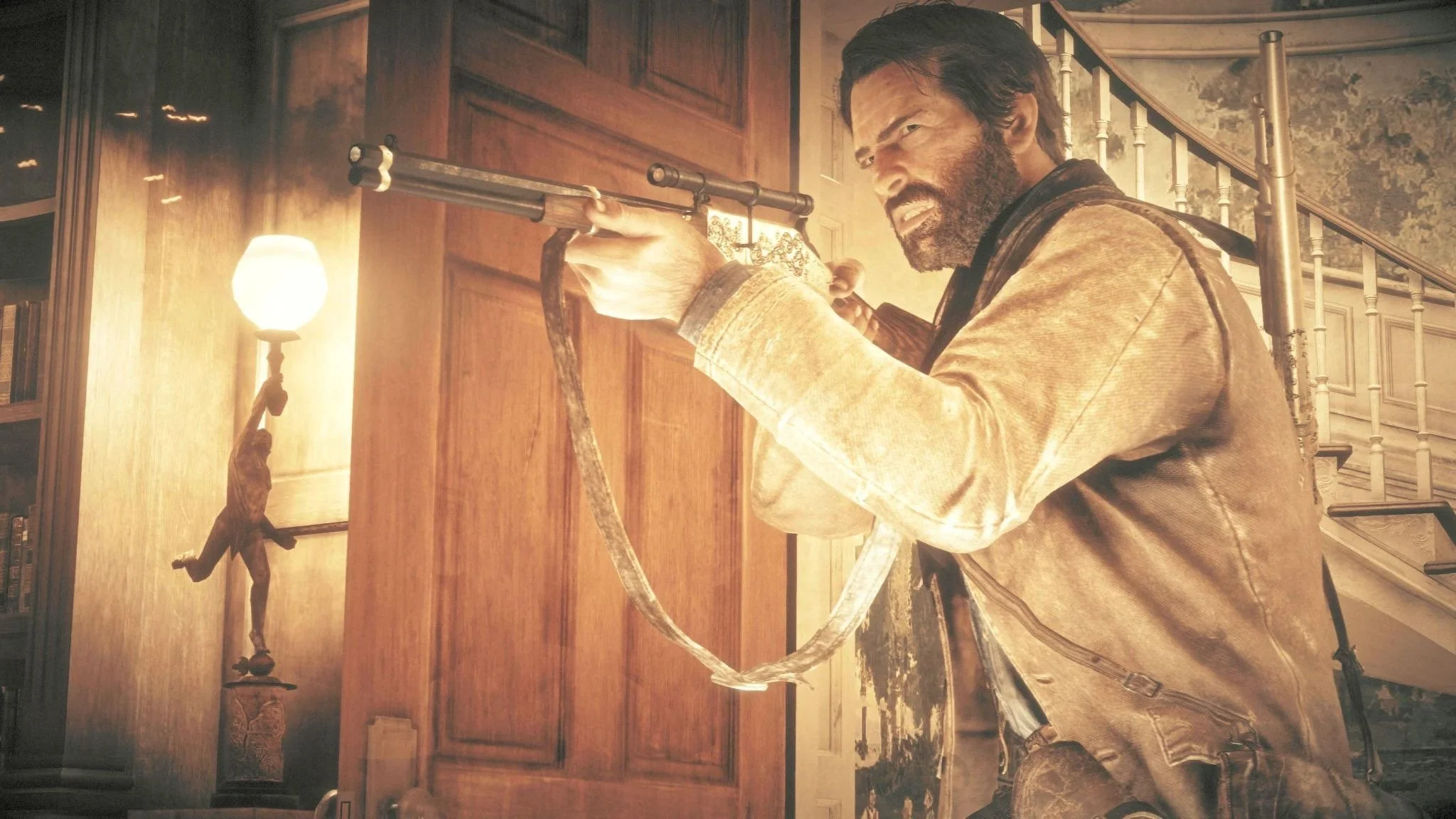 Arthur Morgan in a scripted gunfight in Red Dead Redemption II