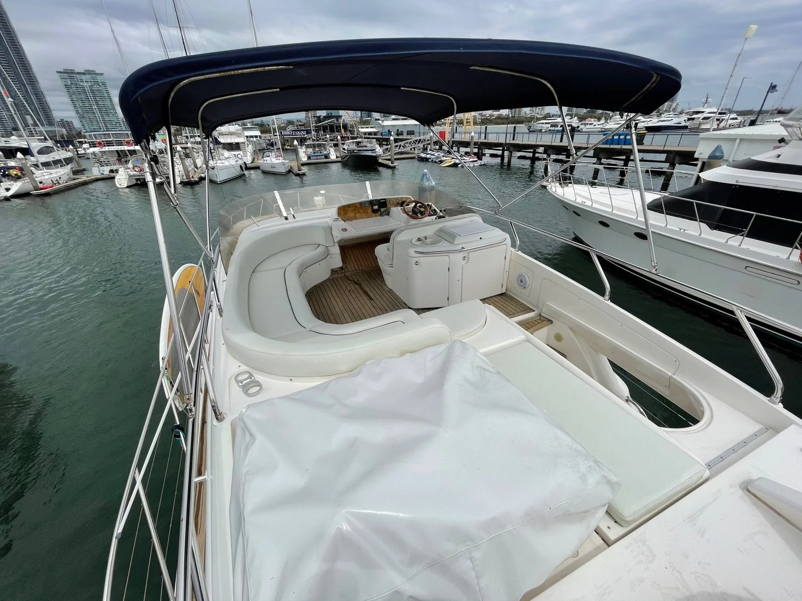 Overhead view of the flybridge lounge on Inspiration yacht