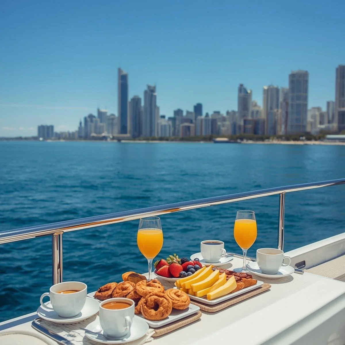 Private breakfast cruise on the Gold Coast with coffee, pastries, fruit and mimosas onboard