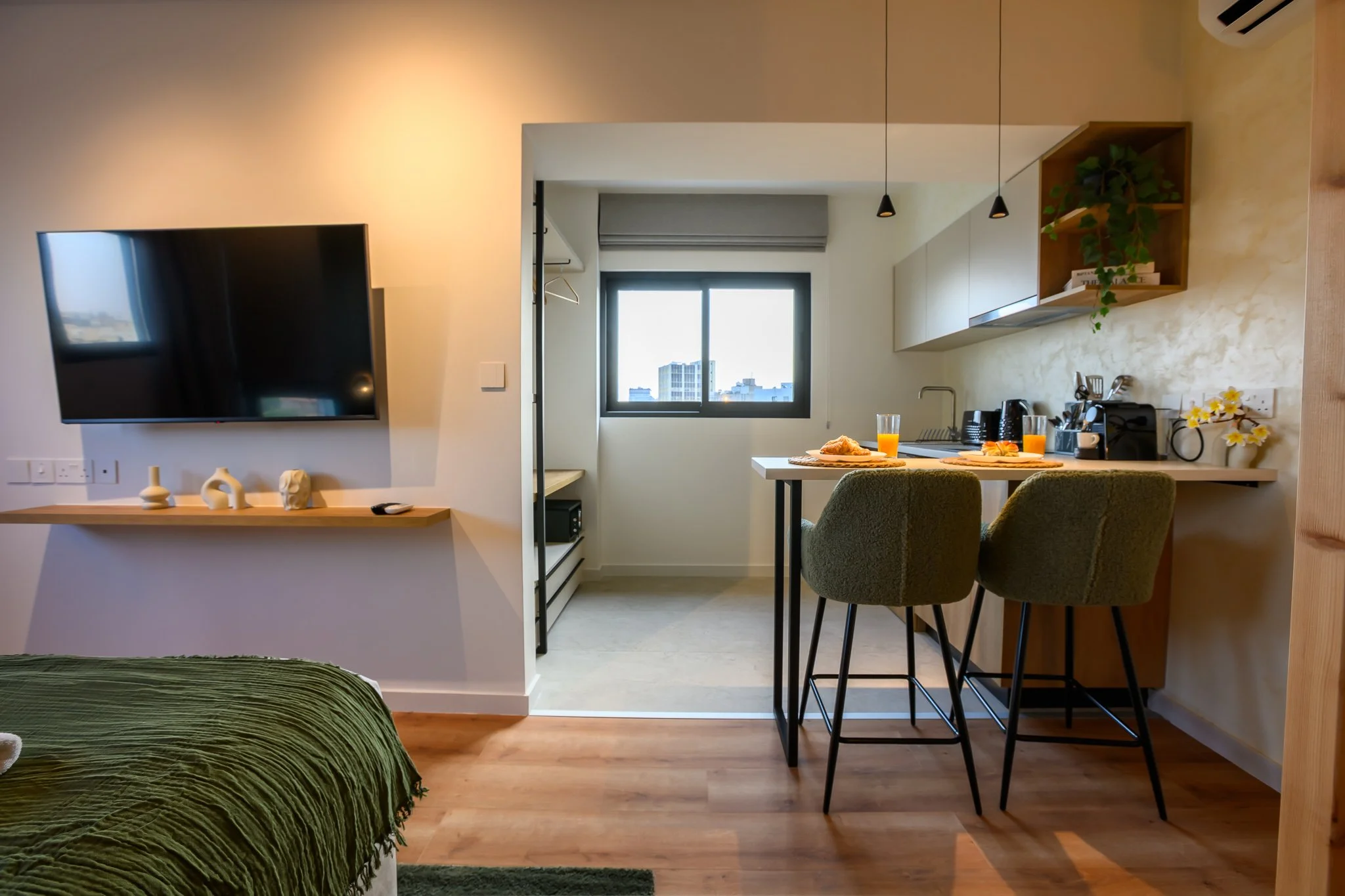 Nisia Corner Suite — From the bed to the kitchen
